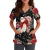 Women's V-Neck Short Sleeve Work Uniform Shirt with Pockets, Halloween Print