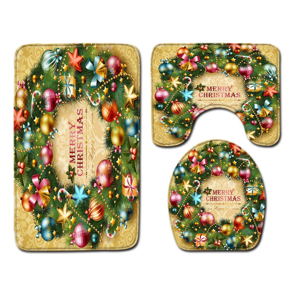 Christmas Four-Piece Shower Curtain Combination Floor Mat Set Bathroom Non-Slip Door Mat Absorbent Carpet