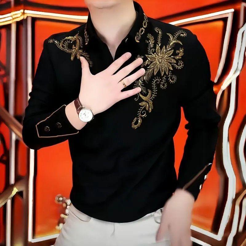 Men's Long Sleeve Polo Shirt Gold Print Fleece Lined Warm Casual Button Collar Fashion Top