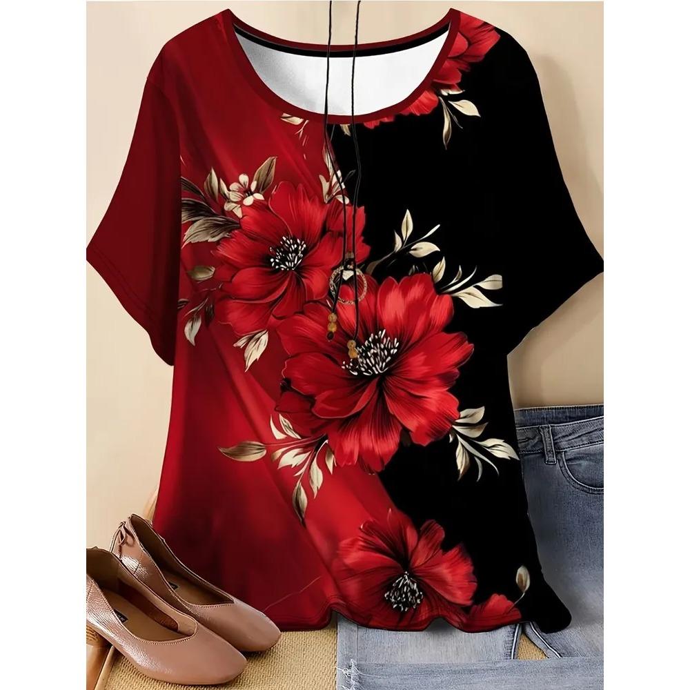 Retro Flower 3D Printed Short Sleeved T-shirt Fashionable Comfortable Soft Breathable Large Loose Womens T-shirt