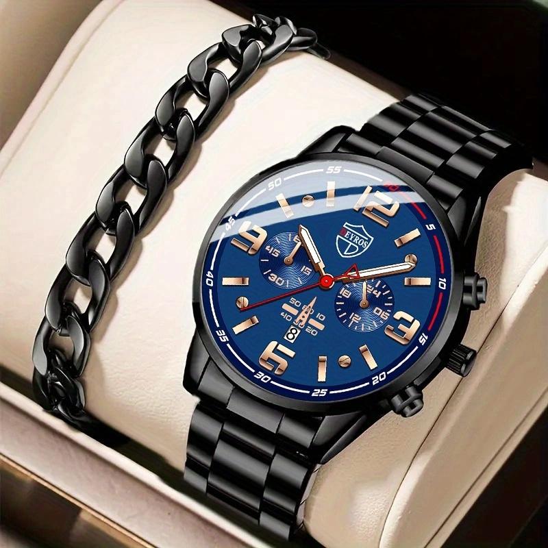 

2 шт./набор, 1 шт. Модные мужские деловые кварцевые наручные часы с ремешком из нержавеющей стали и 1 шт. Браслет, мужские подарки