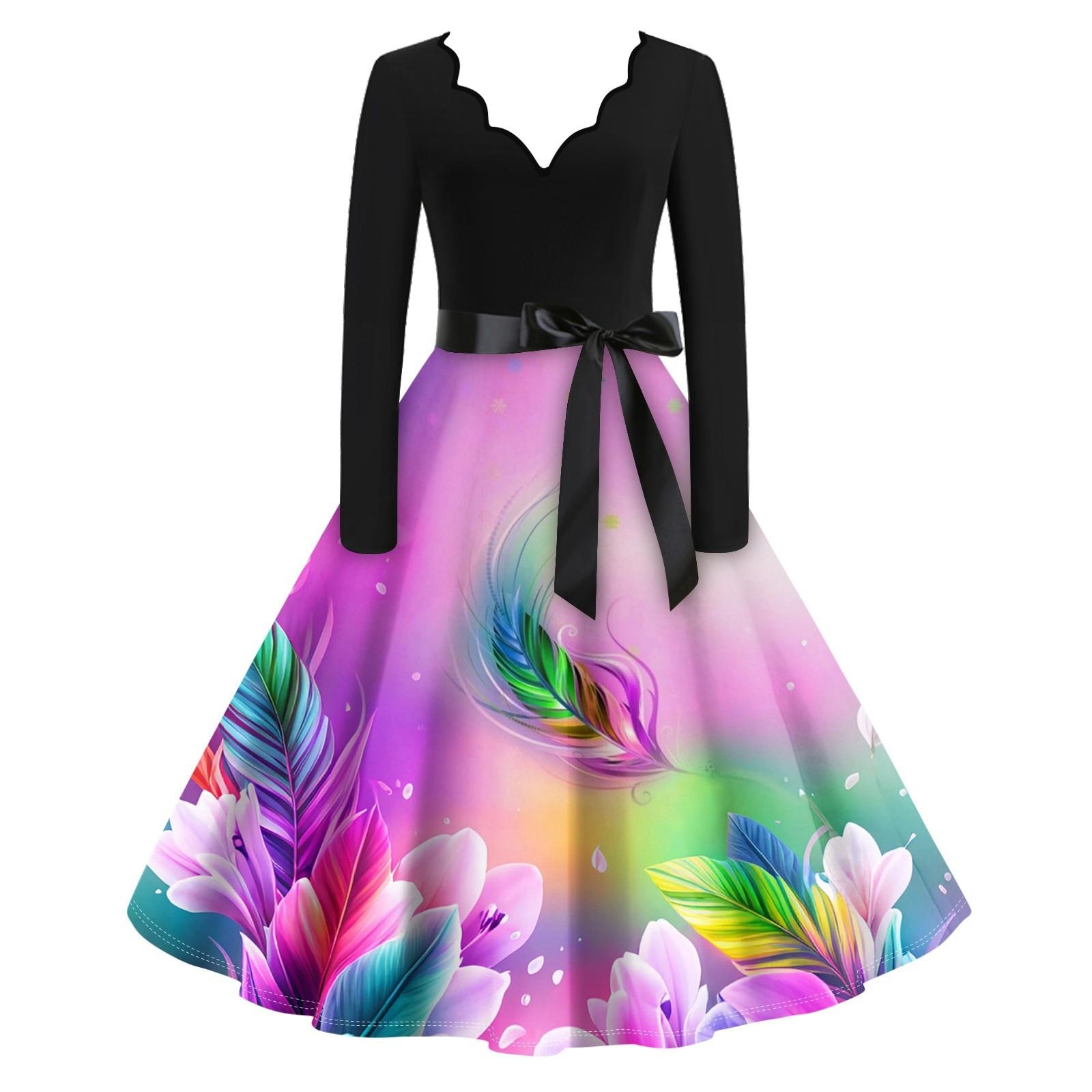 

Women s Casual Fashion V Neck Long Sleeve Printed Vintage Long Dress XL фіолетовий