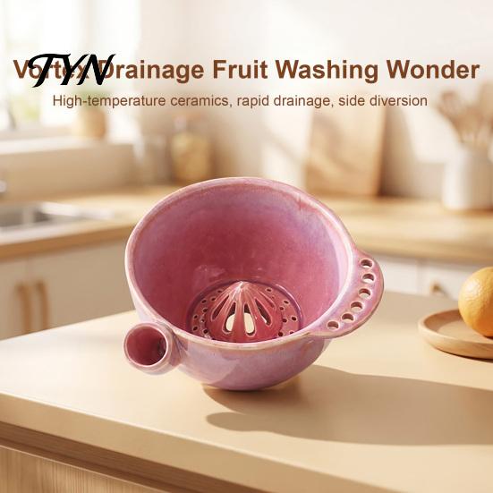Ceramic Fruit Washing Bowl Berry with Detachable Juicing Cone &Drain Rack,Self Rinsing Drainage Basket for Produce Kitchen Countertop, Multifunctional