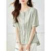 Womens White Round Neck Short Sleeve Drawstring Waist Button Front Peplum Shirt