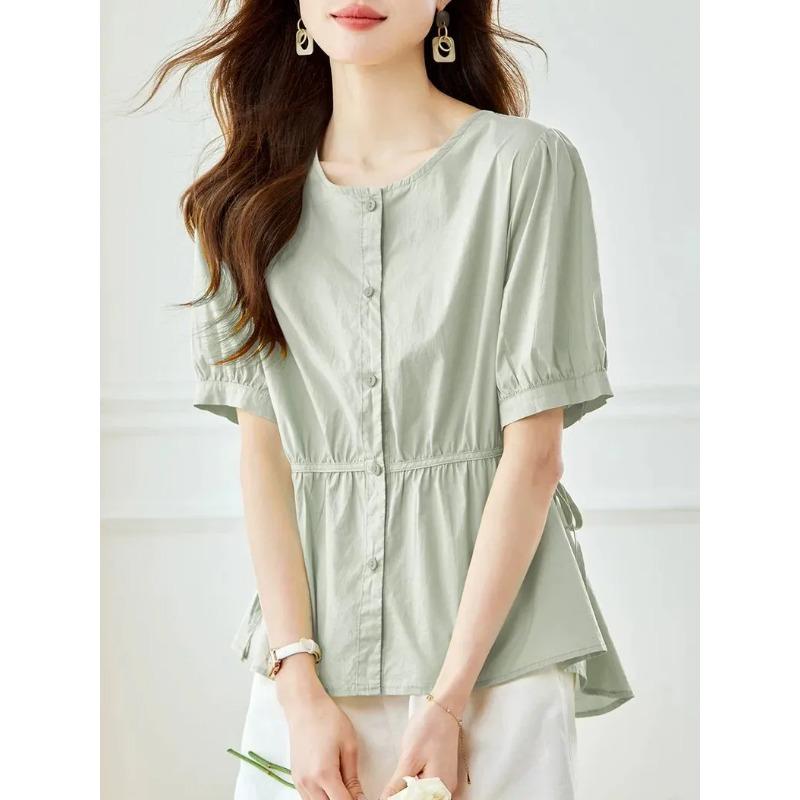 Womens White Round Neck Short Sleeve Drawstring Waist Button Front Peplum Shirt