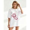 Black Oversized T Shirt With Pink Hibiscus Flower Print And Text For Casual Wear