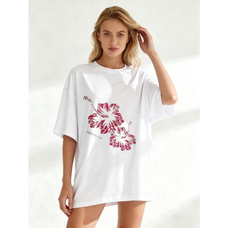 Black Oversized T Shirt With Pink Hibiscus Flower Print And Text For Casual Wear