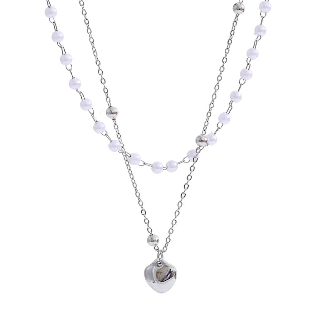 

Yhpup Simulated Pearls Double Layer Chain Heart Drop Overlay Necklace for Women Stainless Steel Trendy Fashion Chic Jewelry