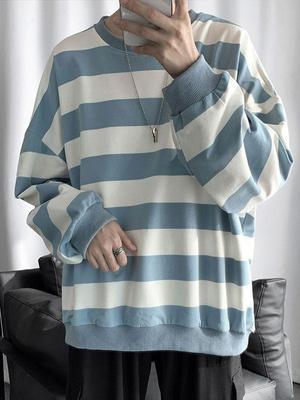 Herren Gestreiftes Langarm T-Shirt im koreanischen Stil, lockere Passform, Rundhalsausschnitt - Trendiges Herbst/Winter Freizeit-Oberteil