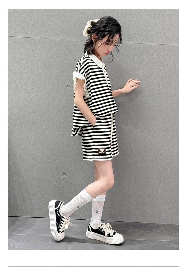 Girls' Trendy Striped POLO Shirt & Shorts Set - Casual Summer Style