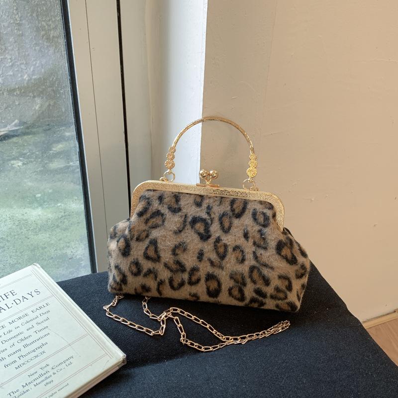 Today's Popular Mouth Gold Bag Autumn and Winter New Chain Bag Niche Leopard Print Handbag Women's Shoulder Messenger Bag