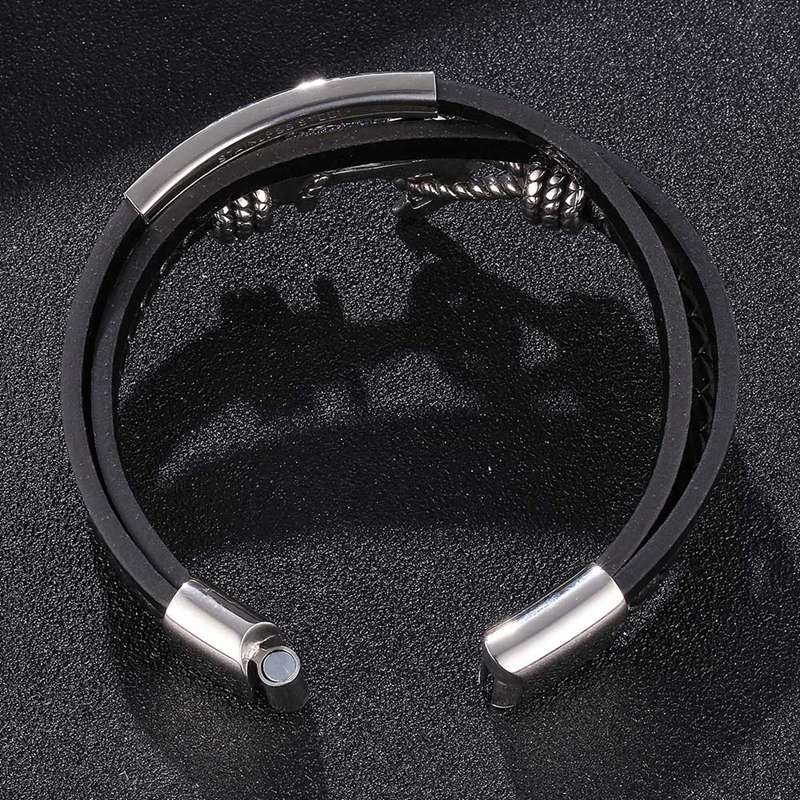 Bracciale in pelle multistrato nero con ancoraggio in acciaio inossidabile per uomo con chiusura magnetica con bottone vintage a treccia maschile gioielli BB1087