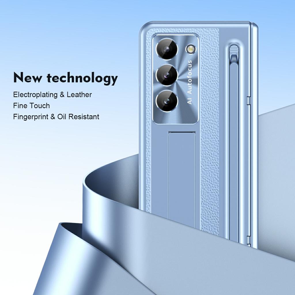 For Samsung Galaxy Z Fold6 5G Case Electroplating Edge PC+PU+Glass Film Phone Cover with Stylus