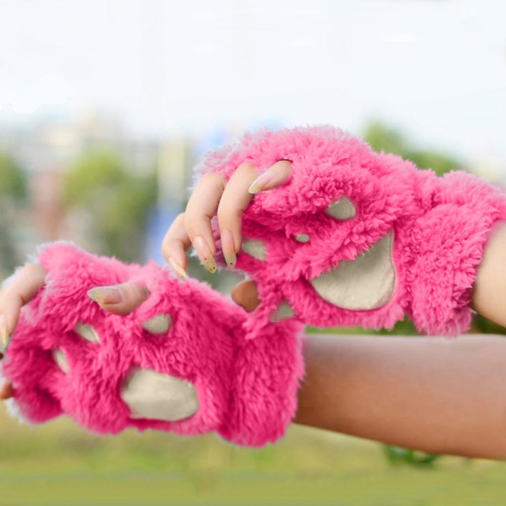 Cute Cat Claw Gloves Women Girls Thickened Plush Mittens Lovely Bear Paw Exposed Fingers Half Finger Winter Warm Hand Warmer