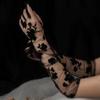 Elegant Thin Black Lace Bridal Evening Gloves with Floral Mesh Design