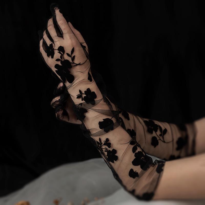 Elegant Thin Black Lace Bridal Evening Gloves with Floral Mesh Design