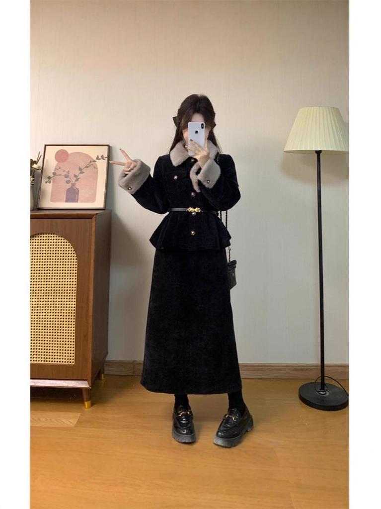 2025 Winter Women's Plus Size Slimming Fur Collar Jacket & Belted Skirt Set