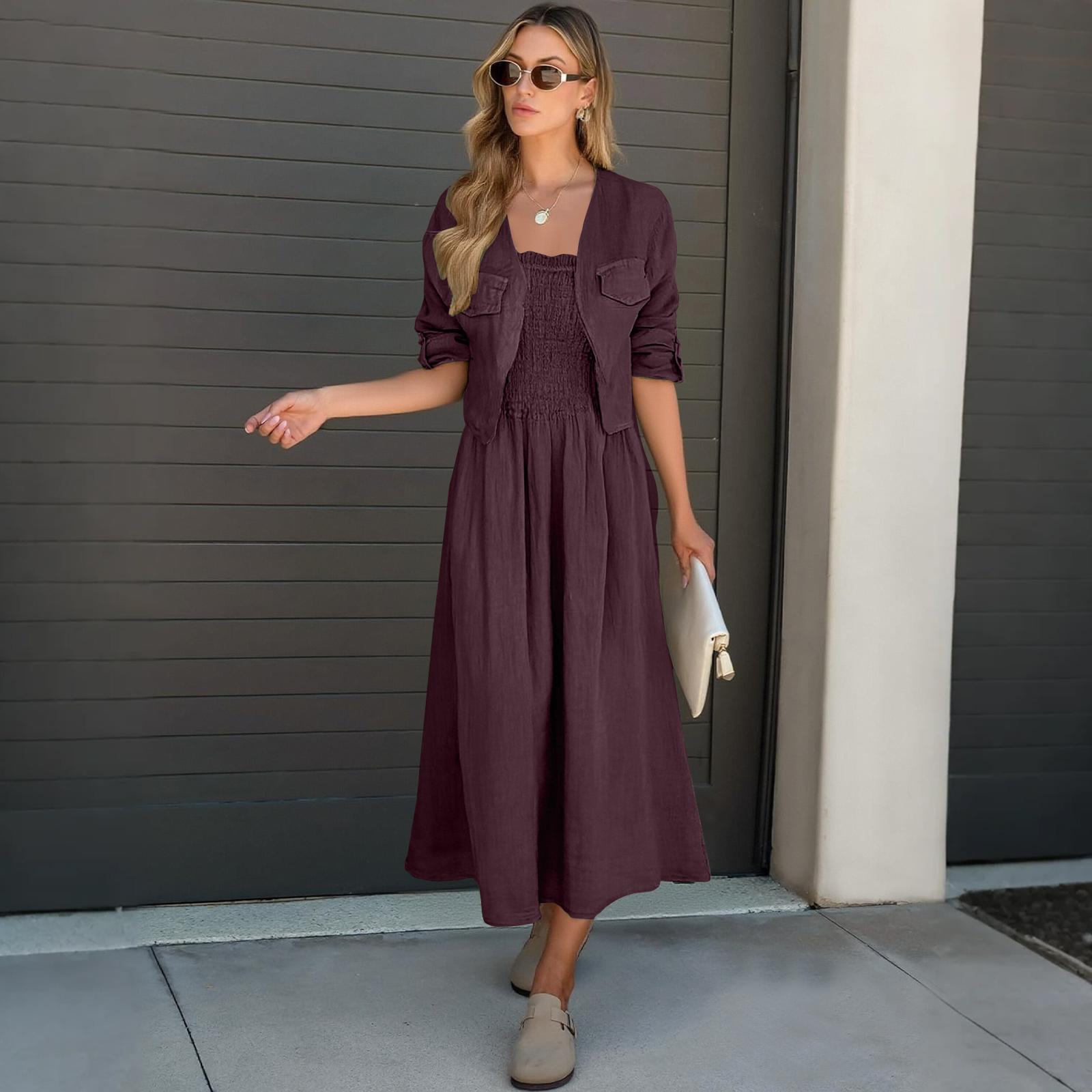

Women s Color Linen Dress With Coat Two-piece Set XL винний