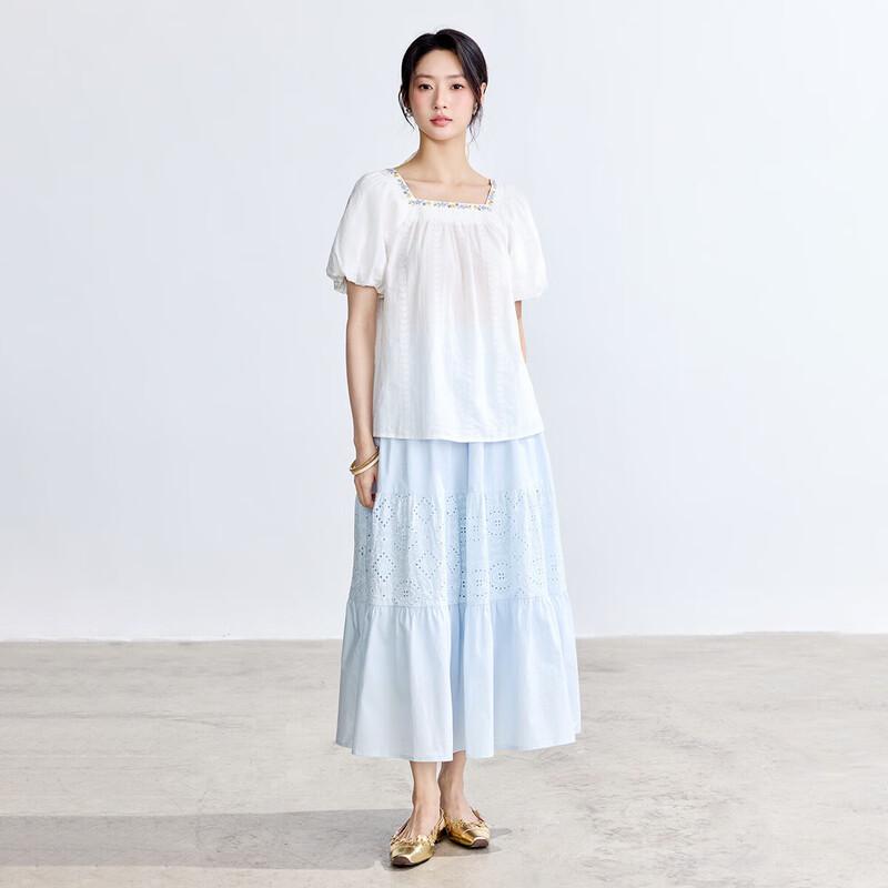 INMAN Women's French Embroidered Cotton Square Neck Puff Sleeve Blouse