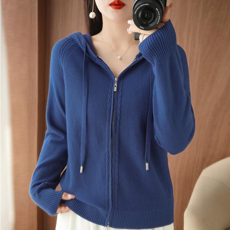 Autumn Sweater Cardigan Women's Wool Hoodie Double Zipper Hooded Sweater Jacket