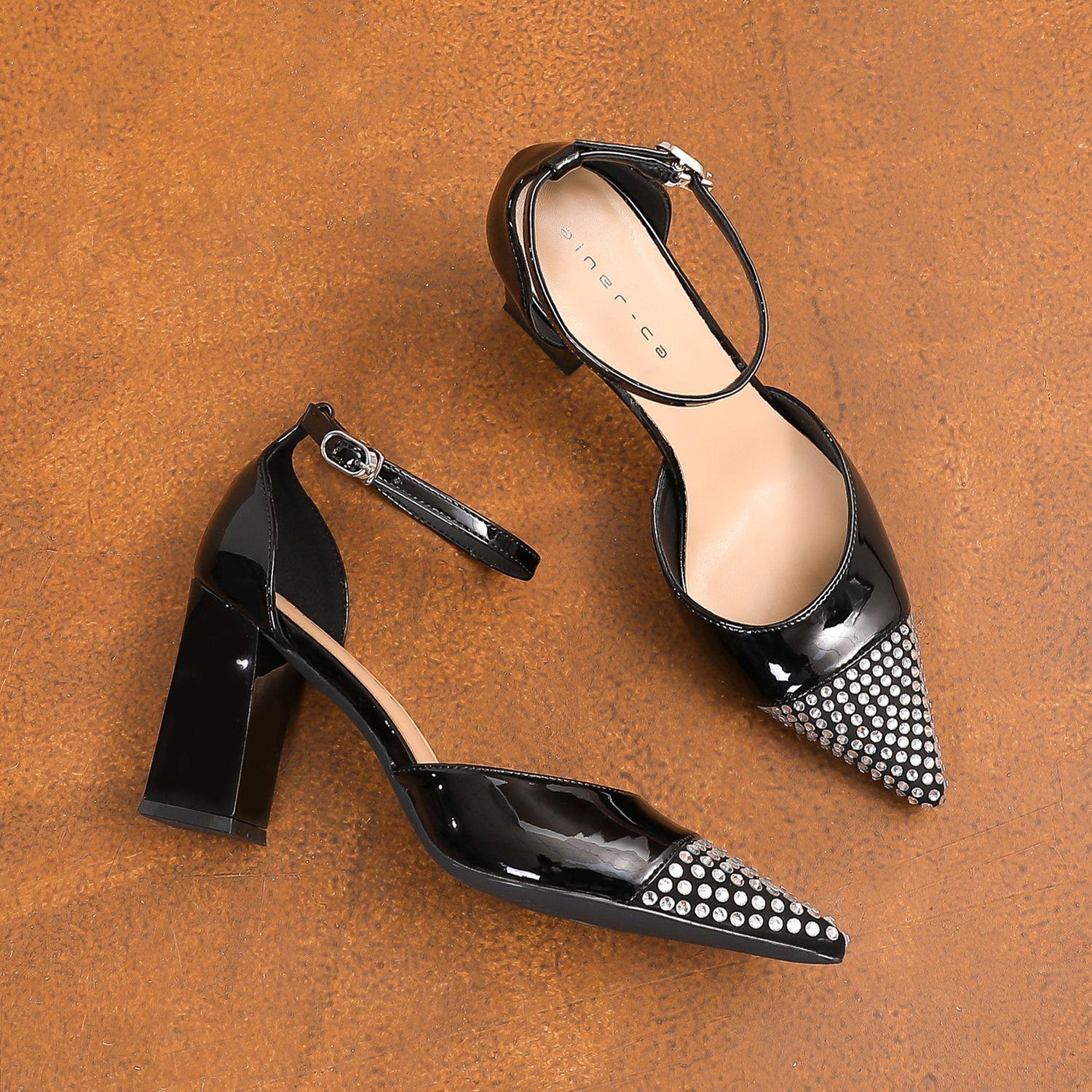 89810 [овчина] женские туфли на высоком толстом каблуке 2025 новая остроносая модель с полым стразом, одинарная туфля 34