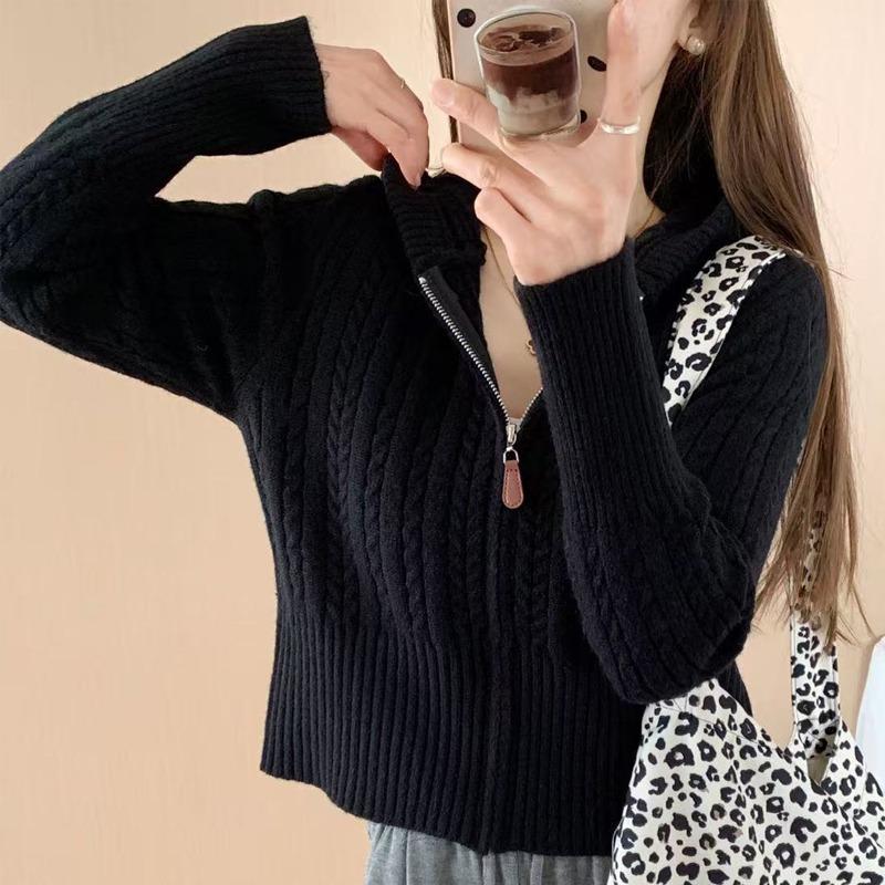 Twist Knitted Zipper Hooded Short Sweater Jacket Waist Slim and Thin Sweet Knitted Cardigan Women's Autumn
