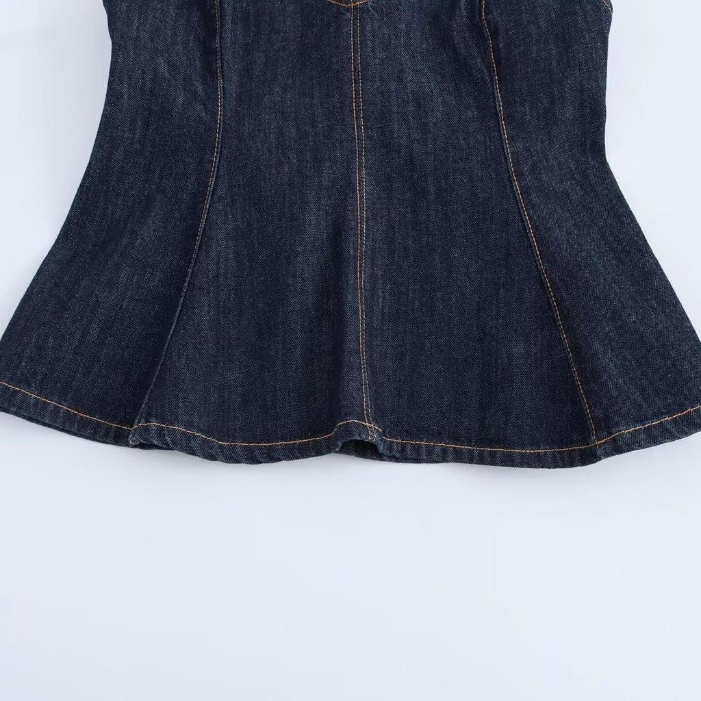 2025 Spring Women's European & American Style Sexy Wavy Hem V-Neck Spaghetti Strap Denim Top