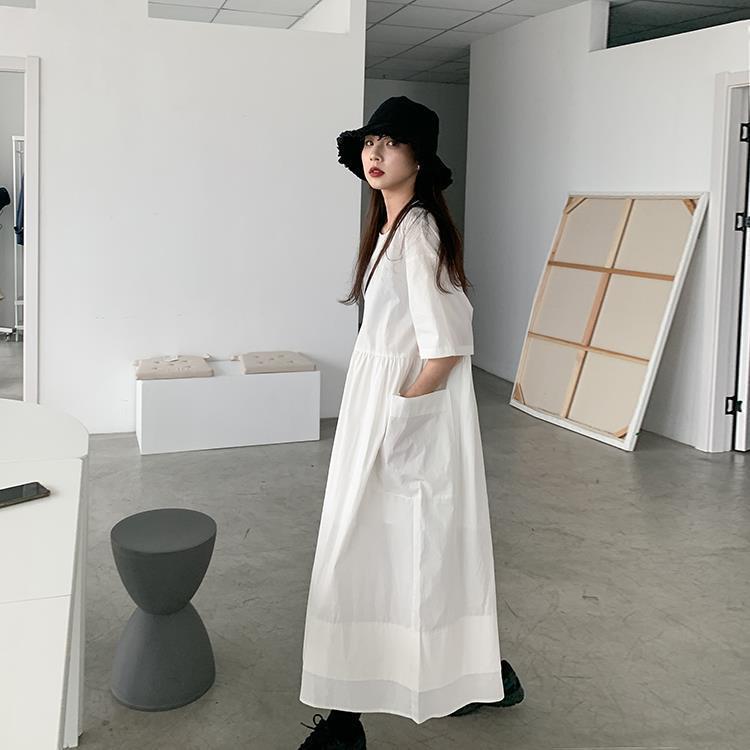 Loose Round Neck Large Pocket Midi Dress Summer Plus Size Women's Casual Short Sleeve Dresses