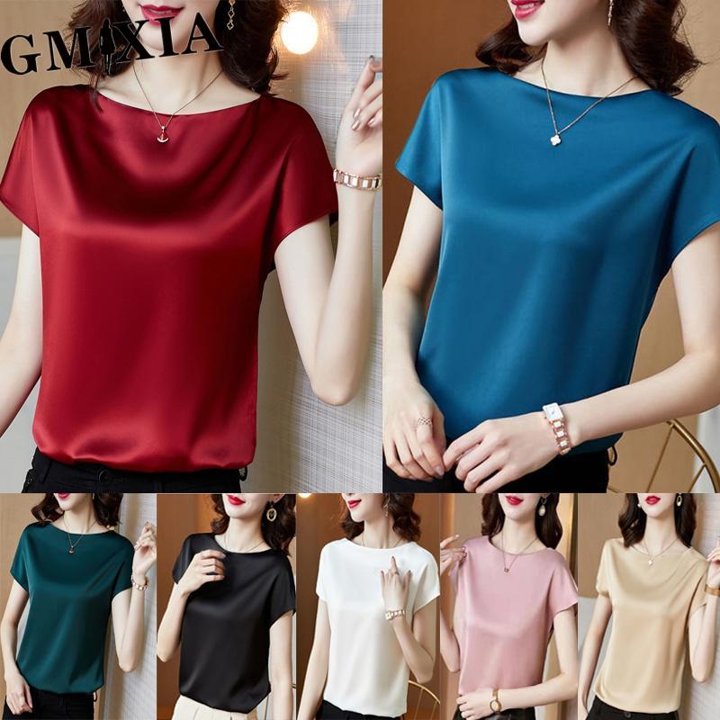 GMXIA Women's Fashion Casual Leisure Solid Color Print Short Sleeve O Neck Blouses & Shirts