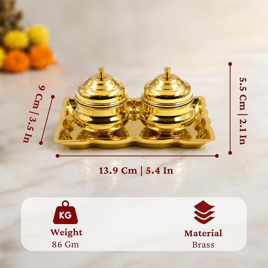Spillbox Brass Leaf-Shape Puja Thali with 2 Attached Bowls|Sindhoor
