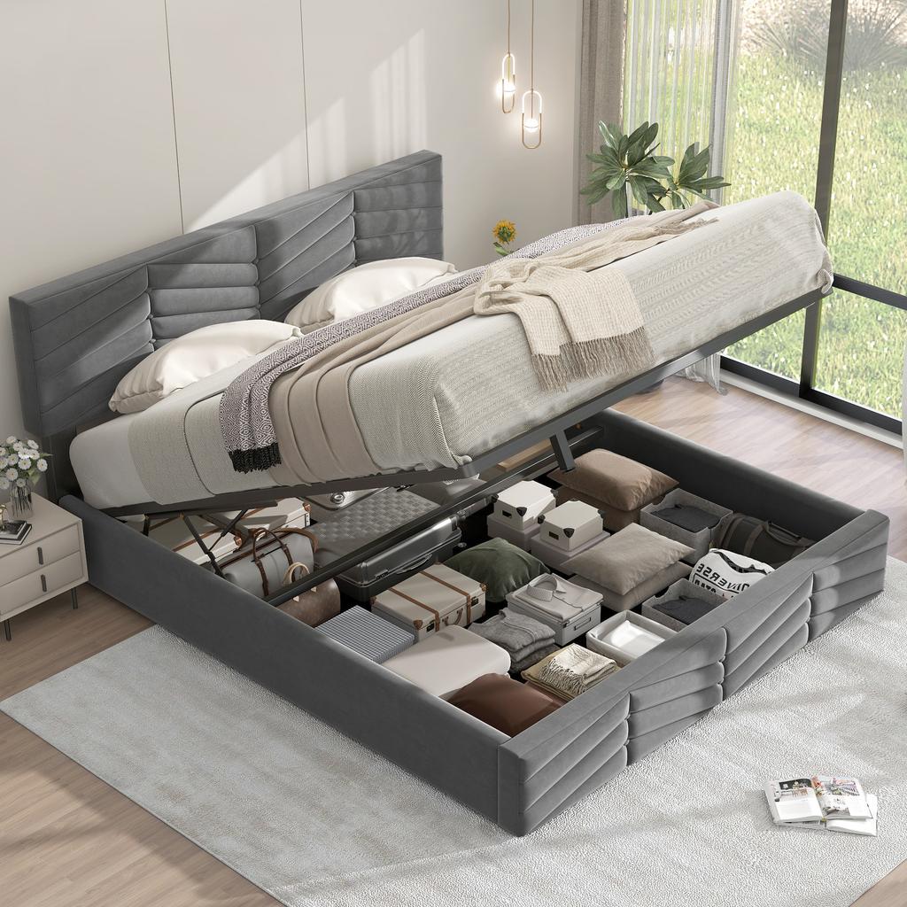 Upholstered Bed, Double Bed, Hydraulic Function Bed, Velvet, Striped Style, Continental Bed, Height-Adjustable Headboard, 140 X 200, Grey