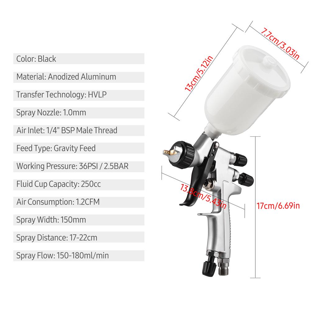 HVLP 1.0mm Air Spray Gun Kit 250cc Fluid Cup  Feed Air Paint Sprayer Mini Handheld 360 degree Paint Spraying Gun for