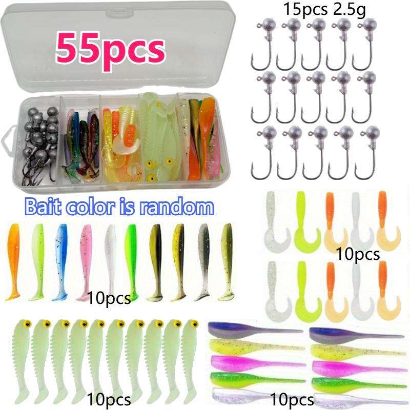 55/60pcs Box Mini Fishing Bait Set Soft Worm Silicone Lure Set with Jig Head Hook  for Fishing Carp and Perch Perfect Tackle Kit