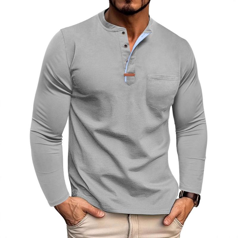 New Long-sleeved Henry Shirt Men's Round Neck T-shirt Color-blocking Fashion Casual Casual