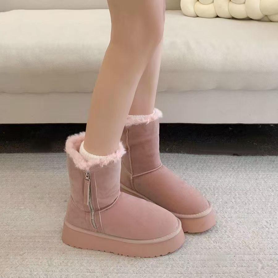 

замшевые теплые сноубутсы на толстой подошве водонепроницаемые и универсальные полусапоги 2025 зима новинка модные сапоги на молнии сбоку женская хлопковая обувь 37 розовый