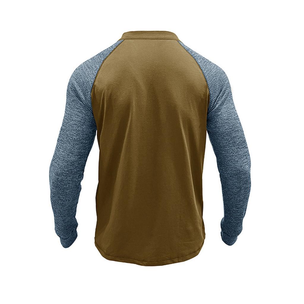 Men's Spring Autumn Henry Collar Tshirt Fashion Contrast Long Sleeve T-Shirt Casual Long Sleeve Tees Tops