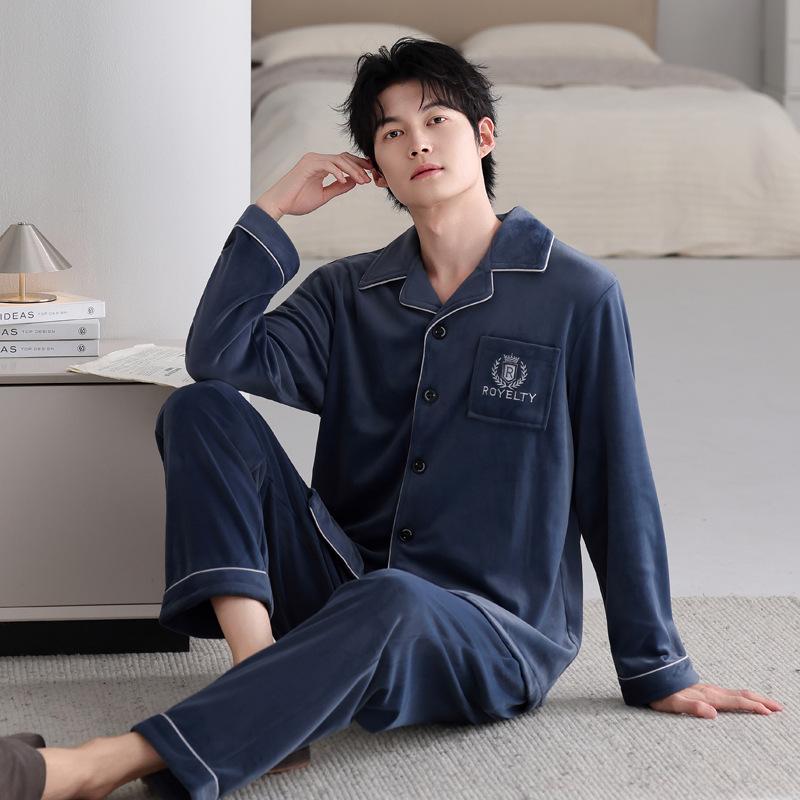 Pajamas Men'S Winter Fleece Thickened Island Fleece Premium Coral Fleece Thin Fleece Loungewear Set