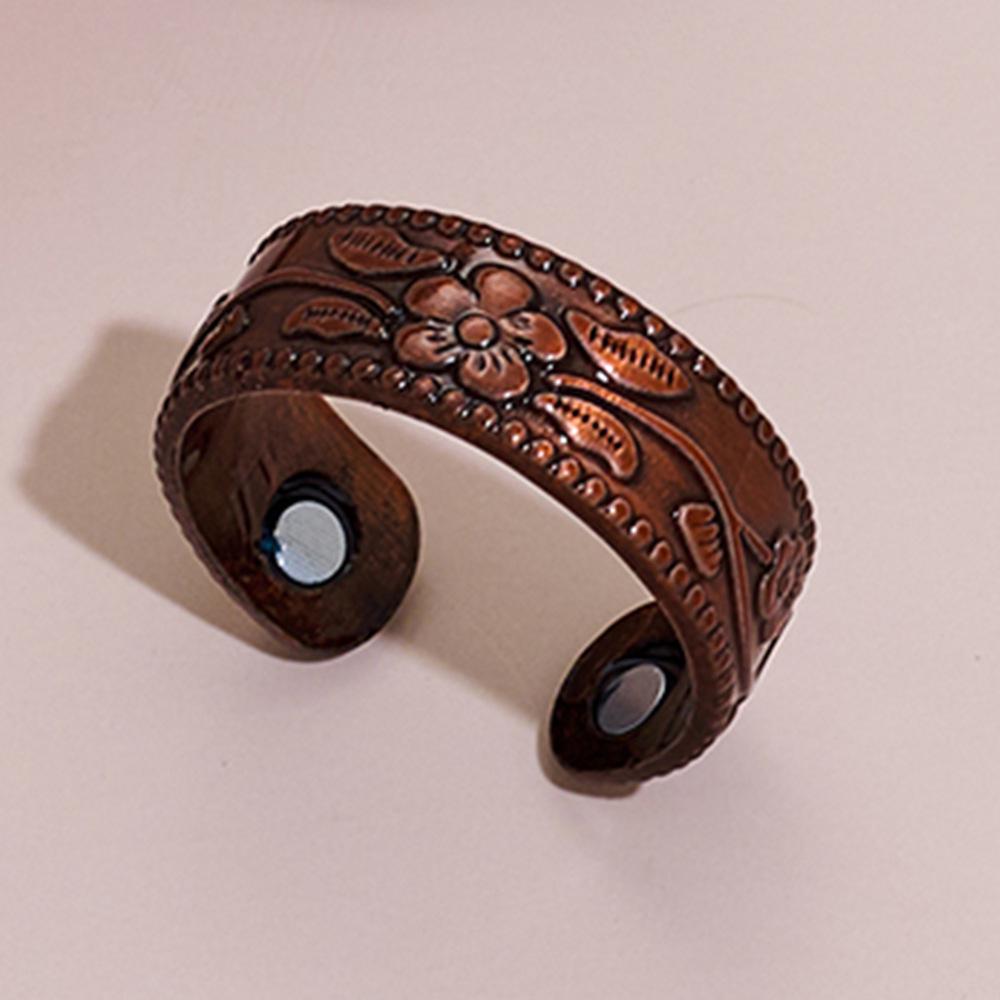 Temu Plum Blossom Magnetic Bracelet & Vintage Flower Ring Set - Adjustable Antique Red Copper for Men & Women