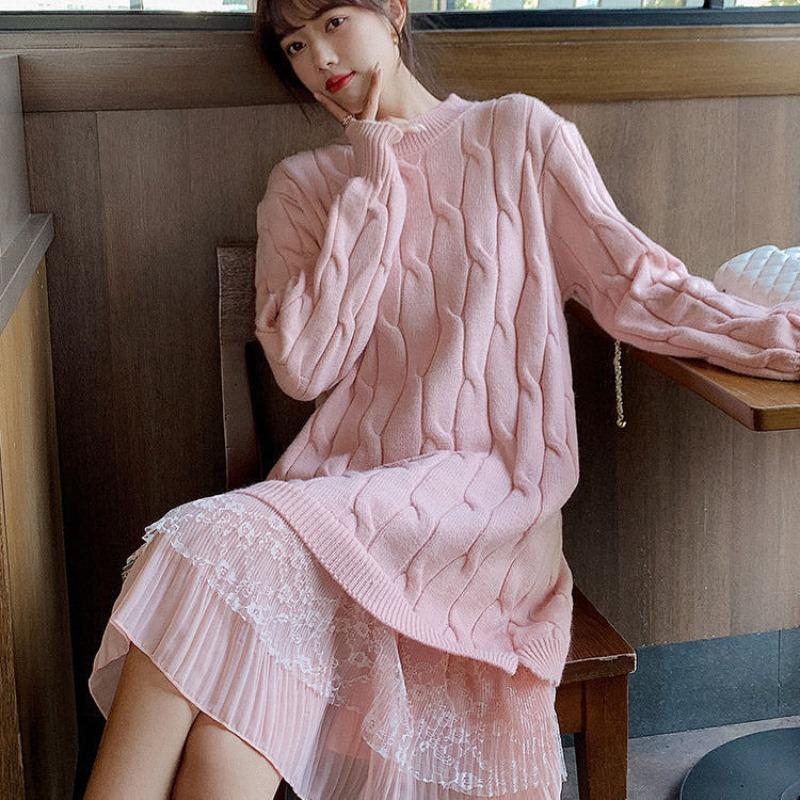 

Толстый мм кружевной пэчворк твист свитер юбка большой размер женская одежда осень и зима дизайнерский нишевый нежный ветер вязаное платье One size [recommended 80-150] розовый