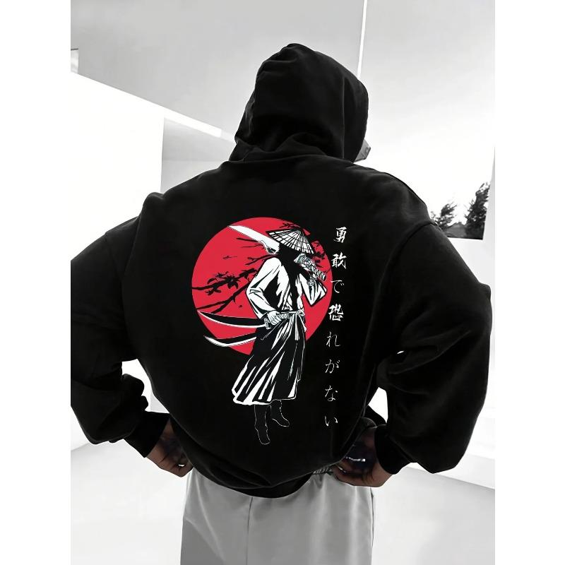 Men Fall Winter Y2K Oriental Hoodie Vintage Ink Ronin Warrior Katana Vertical Kanji Graphic Soft Fleece Hooded Sweatshirt