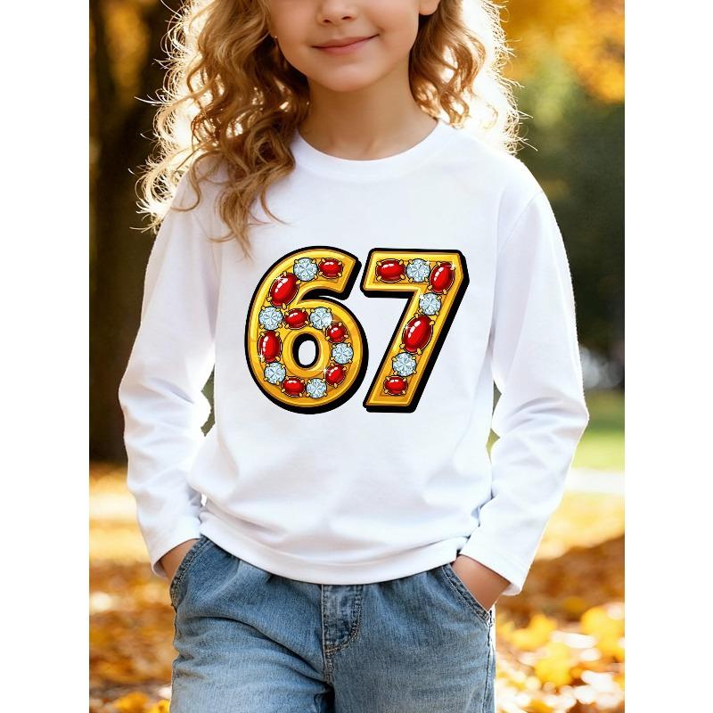 Unisex Kids Pink Crewneck Sweatshirt For 4-12 Boys Girls Luxury Golden Frame Ruby Diamond Inlaid Number 67 Cartoon Gem Jewelry Print
