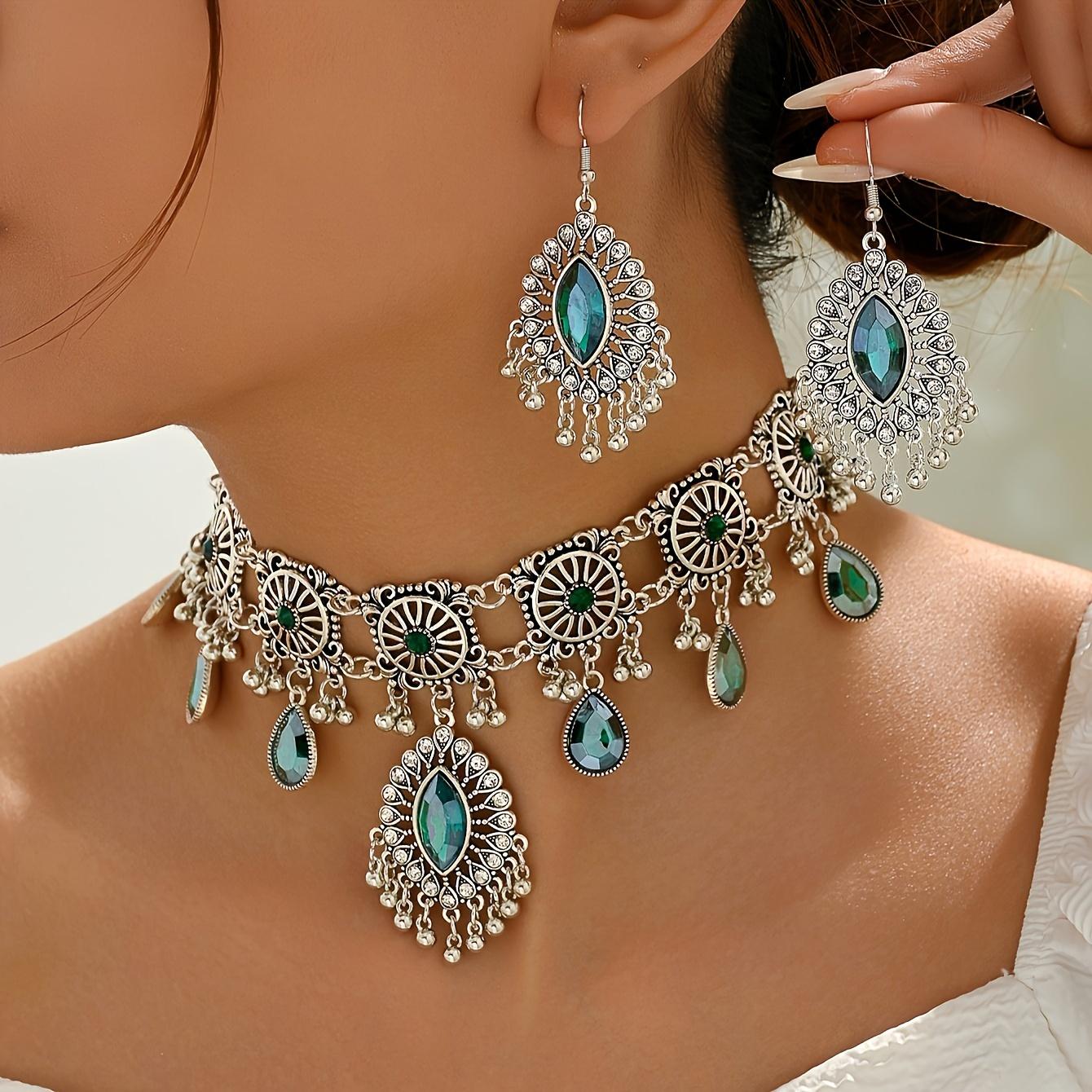 A necklace and a pair of earrings in bohemian style, Ramadan Indian style, luxurious hollow geometric diamond-shaped hollow tassel women s jewelry