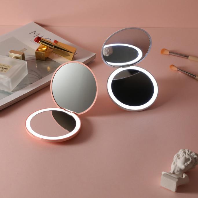 Compact Rechargeable Cosmetic Bag with LED and Foldable Handheld Makeup Mirror for Female Students