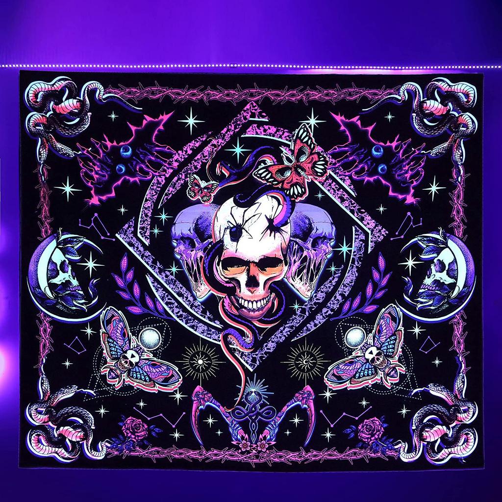 Psychedelic Black Light Skull Head Flourescent Tapestry UV Reactive Tapestries Wall Hanging Hippie Trippy  Home Decor