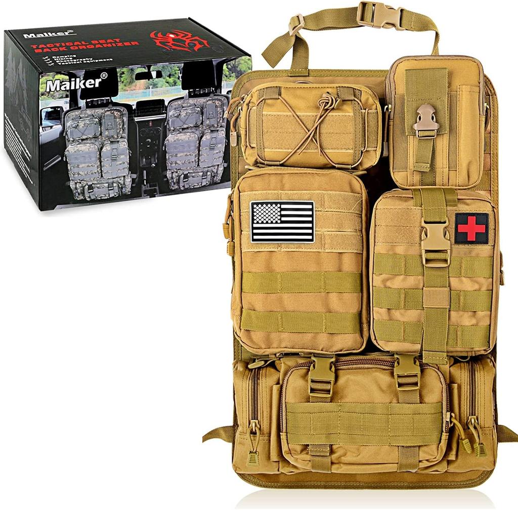 MAIKER OFF ROAD Tactical Car Seat Back Upgraded Tactical Vehicle Panel Organizer with Storage Bag and 5 Removable Molle Universal Fit for Most Khaki