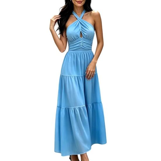 

Women s Sleeveless Halter Maxi Dress Crisscross Ruched Backless Tiered A-line Swing Dress Formal Cocktail Wedding Guest Dress M