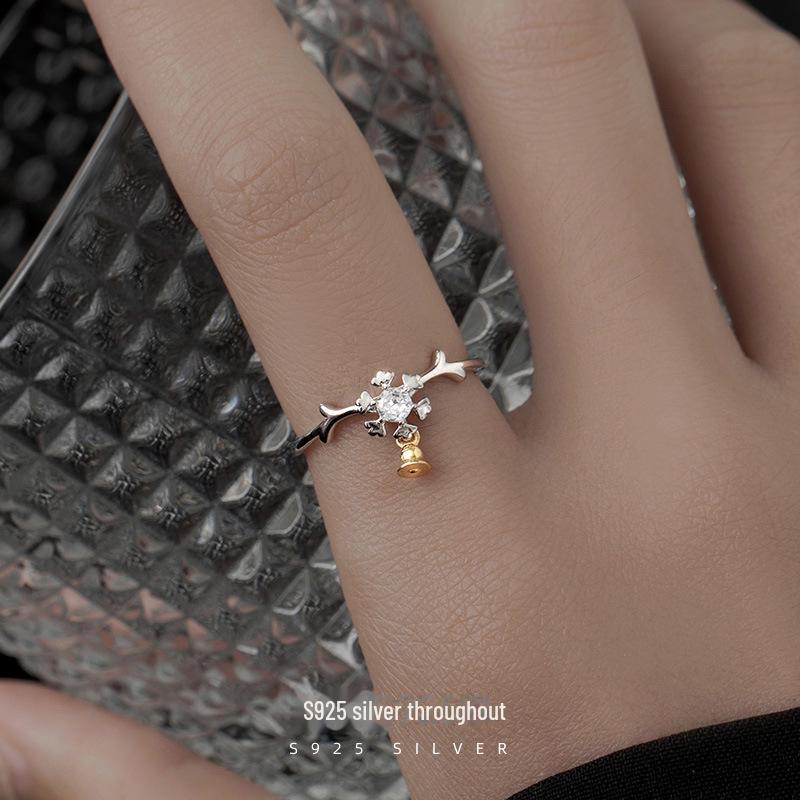 Banyan Tree S925 Silver Snowflake Elk Bell Ring: Festive Winter Gift, Adjustable for Women