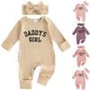 Newborn Baby Long Sleeve Romper with Letter Print and Bowknot Headband Ribbed Cotton Infant One-Piece Suit for Boys and Girls Soft Comfortable Fit