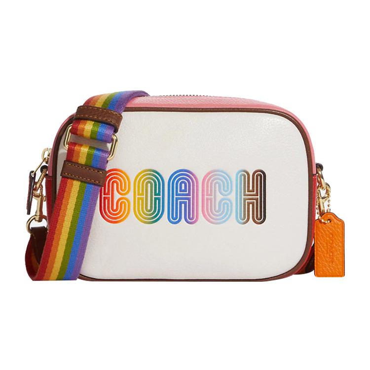 New COACH Jamie Pebbled Leather Camera Bag, Shoulder Bag, Crossbody Bag Small Women's White & Rainbow C9939-IMCAH