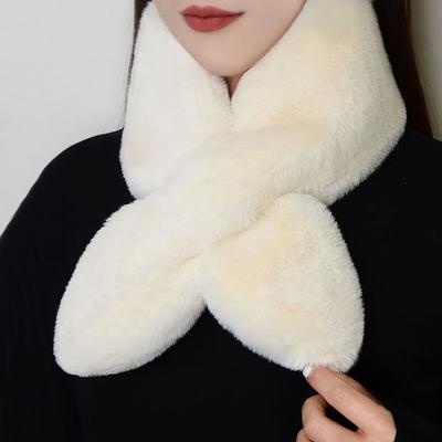 Winter Warm Solid Color Cross Scarf Faux Rabbit Fur Plush Thicken Neckerchief Wrap Neck Scarf Women